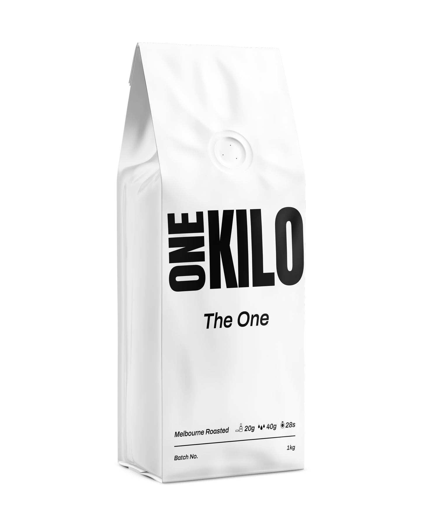 White coffee bag with black text labeled 'ONE KILO The One'