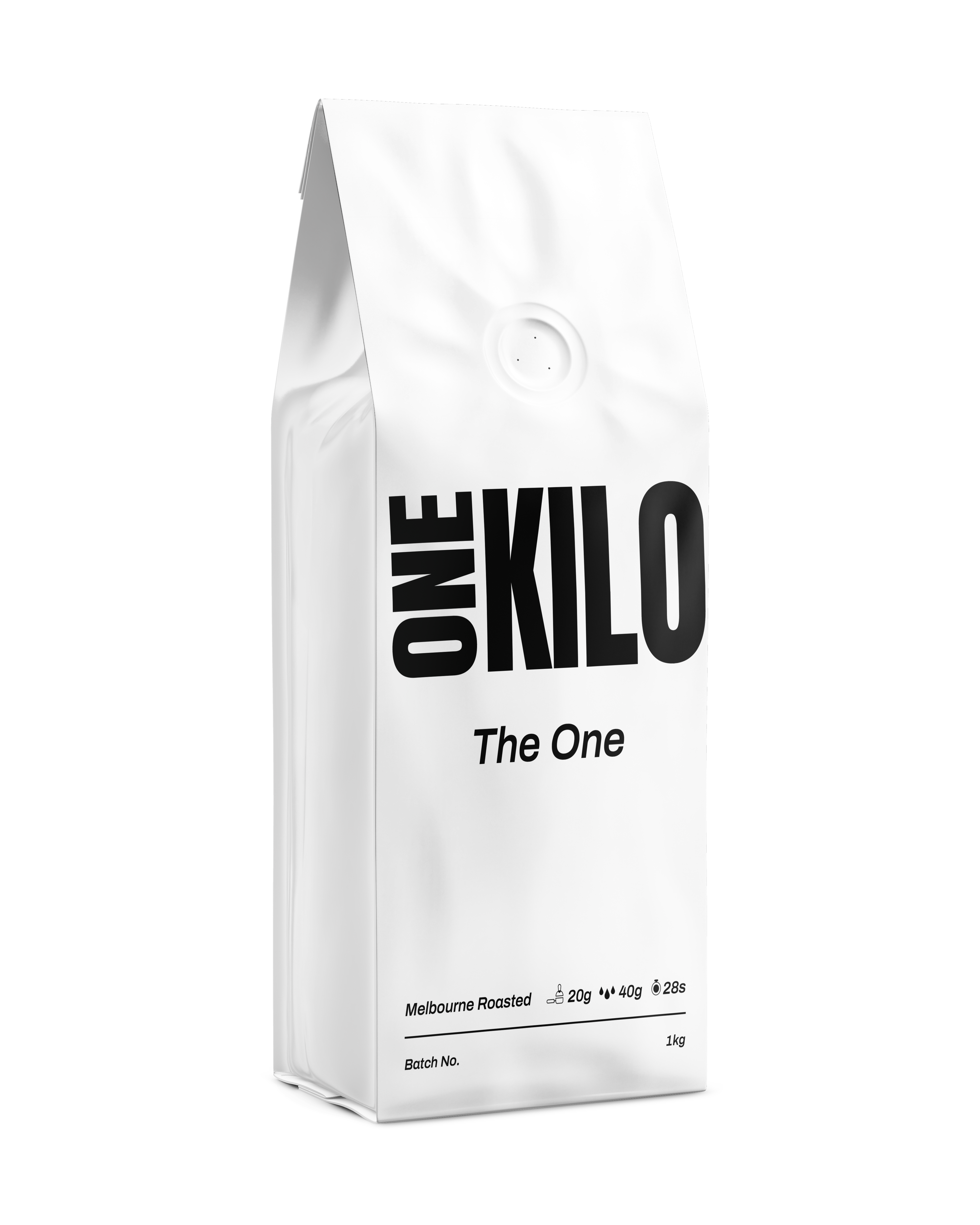 White coffee bag with black text labeled 'ONE KILO The One'